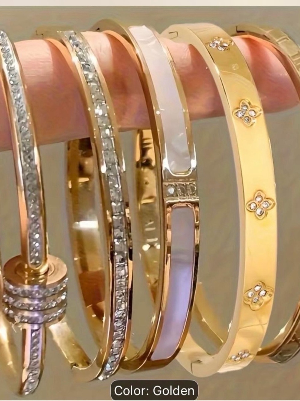 Gold-Tone Women's Bracelet Stack with Crystal Accents